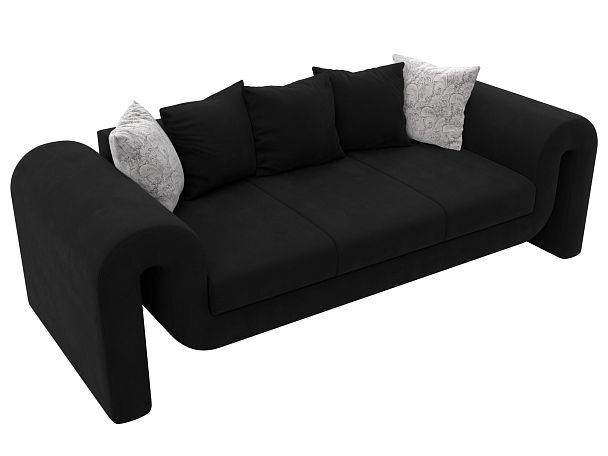 Прямой диван Волна (полностью микровельвет черный, подушки 3 микровельвет черный, 2 велюр серый с узором) - Вид 5