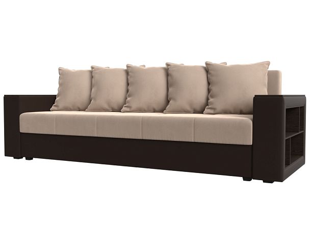 Диван прямой Дубай Лайт полки справа (основа велюр бежевый, компаньон экокожа коричневая) - Вид 1