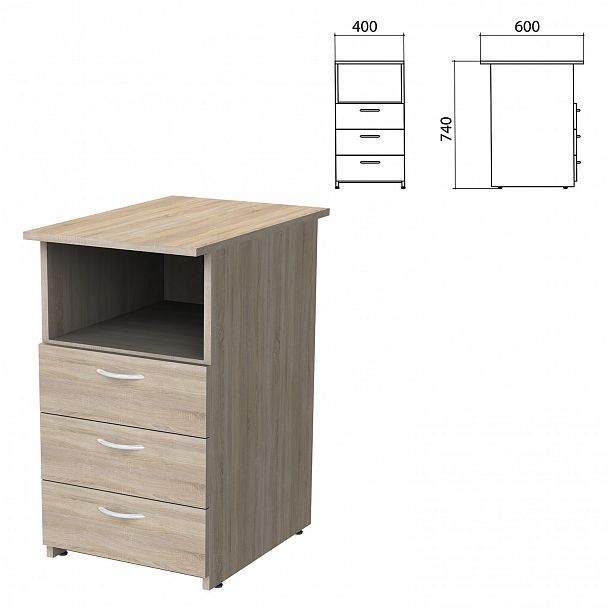 Тумба приставная "Бюджет", 400х600х740 мм, 3 ящика, полка, дуб сонома, 402657-091 - Вид 2