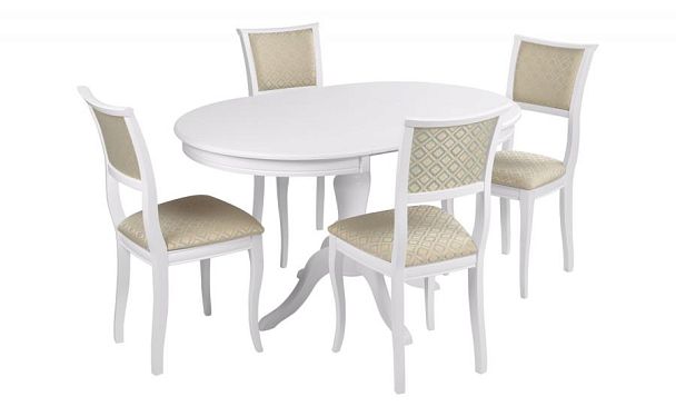 Обеденная группа стол Элат D90(130)х90х76 Белый и 4 стула Камир Белый/Бирюзовый жаккард - Вид 1