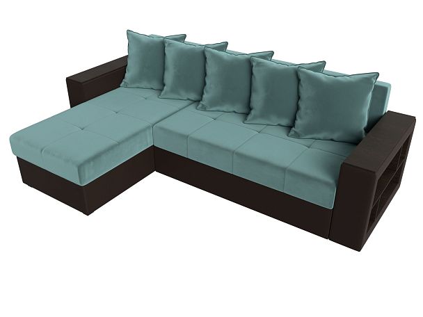 Диван угловой Дубай Лайт угол левый (основа велюр бирюзовый, компаньон экокожа коричневая) - Вид 5