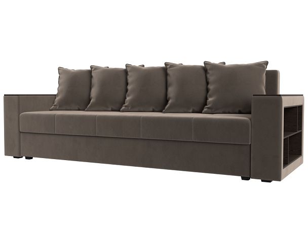 Диван прямой Дубай Лайт полки справа (полностью велюр коричневый) - Вид 1