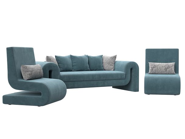 Волна набор 1 - диван, 2 кресла (полностью велюр бирюзовый) - Вид 1