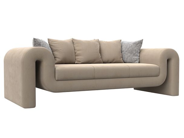 Прямой диван Волна (полностью велюр бежевый, подушки 3 велюр бежевый, 2 велюр серый с узором) - Вид 1