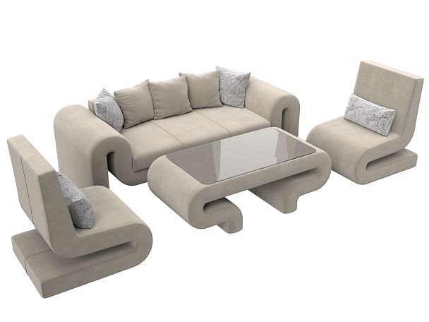 Волна набор 2 - диван, стол, 2 кресла (полностью микровельвет бежевый) - Вид 4