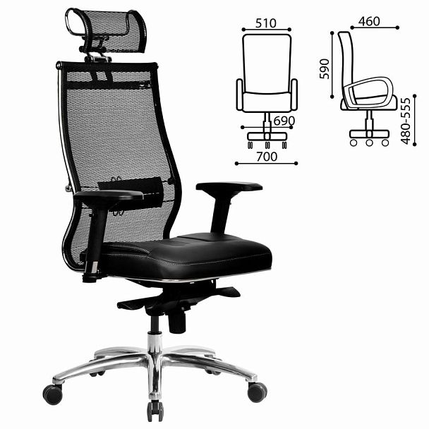 Кресло офисное МЕТТА "SAMURAI" SL-3.05, с подголовником, сверхпрочная ткань-сетка/экокожа, черное - Вид 4