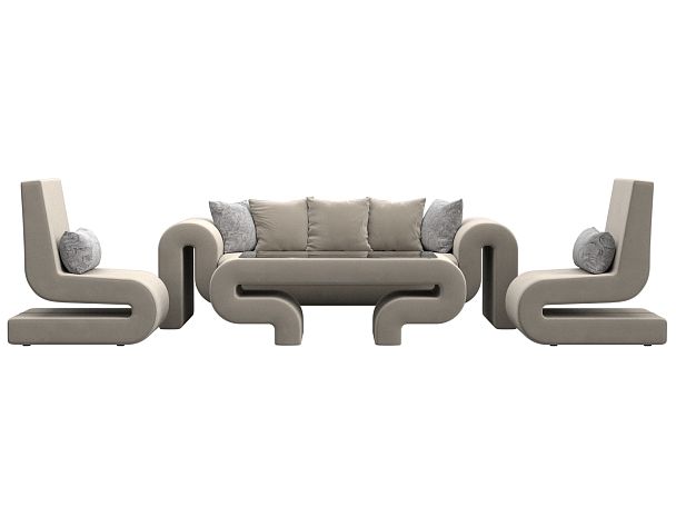 Волна набор 2 - диван, стол, 2 кресла (полностью микровельвет бежевый) - Вид 2