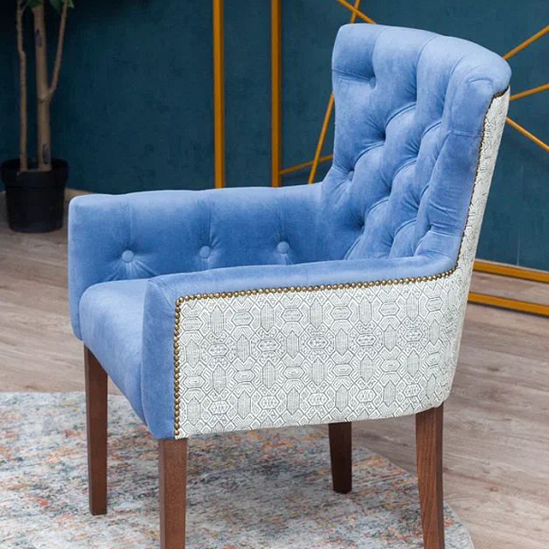 Кресло Байрон, синий велюр, старинный орех - Вид 11