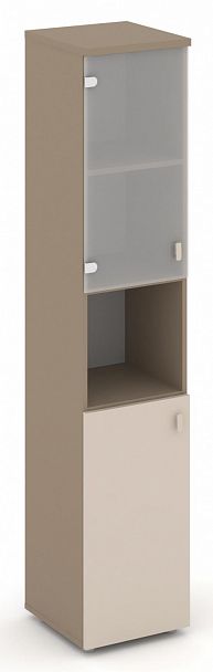 Шкаф высокий узкий (1 низкий фасад ЛДСП + 1 низкий фасад стекло сатин матовый) "ESTETICA" ES.SU-1.4 Капучино/Сатин матовый - Вид 1
