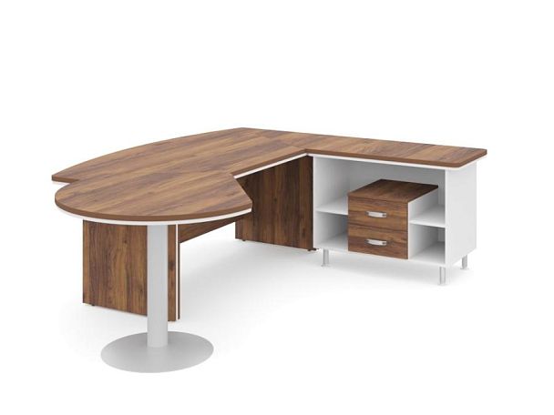 БЕРЛИН / BERLIN Стол руководителя R угловой с брифингом и тумбой 2 ящика 2350х2000х760 Орех Вармия/Белый - Вид 1