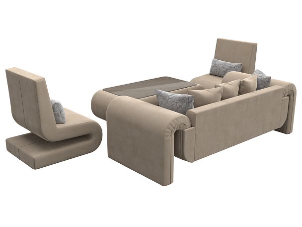 Волна набор 2 - диван, стол, 2 кресла (полностью велюр бежевый) - Вид 5