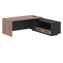 Стол руководителя с тумбой VRCT 2119(R) Американский орех/Черный матовый/Яшма черный 2100х1900х750 V - Фото предпросмотра