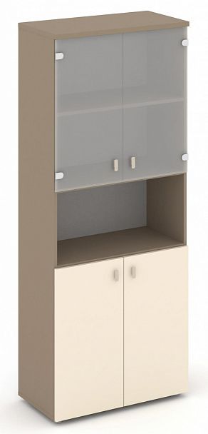 Шкаф высокий широкий (2 низких фасада ЛДСП + 2 низких фасада стекло сатин матовый) "ESTETICA" ES.ST-1.4 Сатин/Сатин матовый - Вид 1