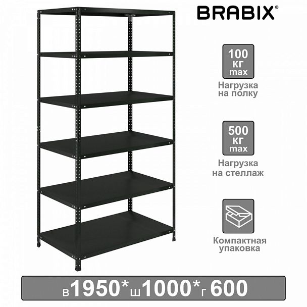 Стеллаж металлический BRABIX "ГРАФИТ MS KD-195/60-6", лофт, 1950х1000х600 мм, 6 полок, 291274, S240BR246693 - Вид 1