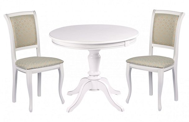 Обеденная группа стол Элат D90(130)х90х76 Белый с серебряной патиной и 2 стула Арктос Белый с серебряной патиной/Бирюзовый жаккард - Вид 1