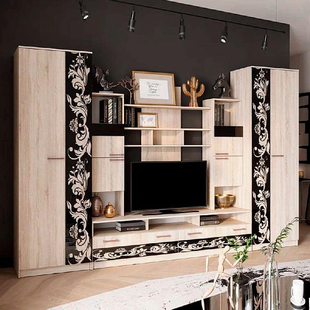 Гостиная "Багира" (3300х2200х500) дуб сонома/стекло каштан - Вид 3