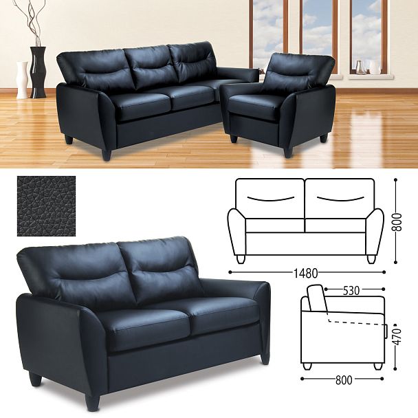 Диван двухместный "Наполи", 800х1480х800 мм, c подлокотниками, экокожа, черный - Вид 2