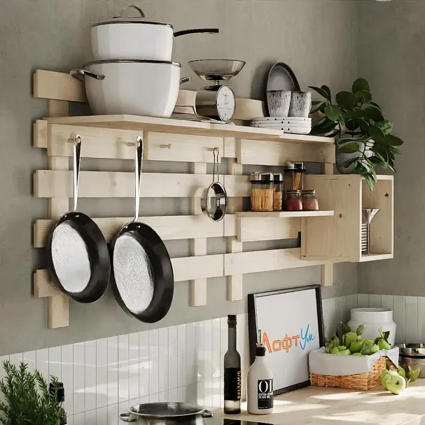 Полка деревянная Тетрис 40х25 с крючками, сосна, цвет натуральный - Вид 3