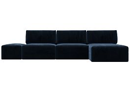 Диван угловой модульный с пуфом Лига-060 НПБ Лонг угол универсальный Велюр синий - Фото предпросмотра