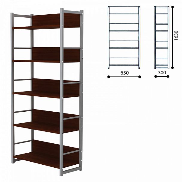 Стеллаж на металлокаркасе, 1630х650х300 мм, серый каркас, 5 полок ЛДСП орех, Д-343 - Вид 1