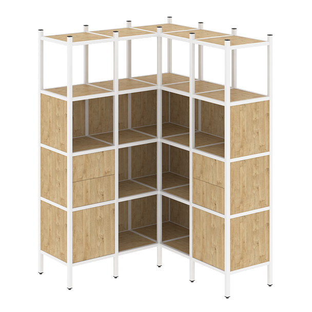 Loft Угловой внутренний стеллаж наборный VR.L-33 Тиквуд светлый/Белый металл 1278*1278*1869 - Вид 1