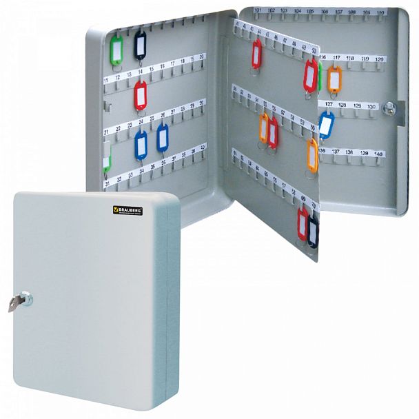 Шкафчик (Ключница) на 140 ключей BRAUBERG, 370х280х80 мм, с замком, +140 брелоков, серый, 290340 - Вид 1