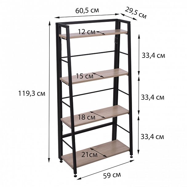 Стеллаж BRABIX "Smart SH-007", 605х295х1193 мм, ЛОФТ, трапеция, складной, металл/ЛДСП дуб, каркас черный, 641872 - Вид 6