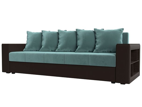 Диван прямой Дубай Лайт полки справа (основа Велюр Бирюзовый, компаньон экокожа коричневая) - Вид 1