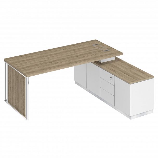 Стол руководителя на опорной тумбе (левый/правый) с декоративной вставкой "Bravo" БР 108 дуб гладстоун светлый/белый премиум/белый премиум - Вид 1