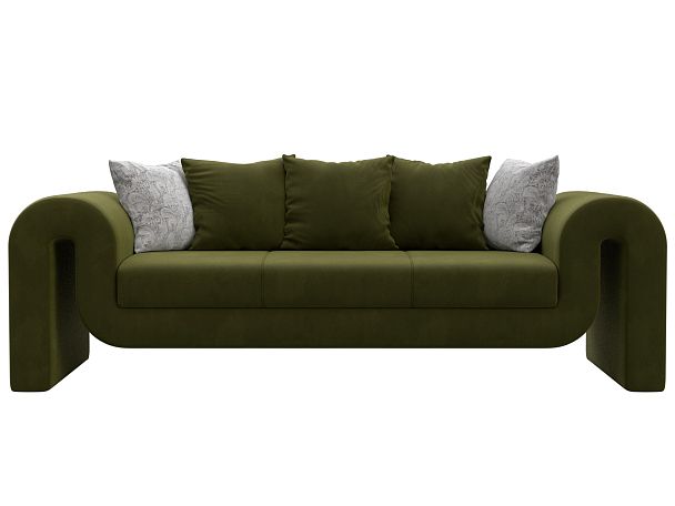 Прямой диван Волна (полностью микровельвет зеленый, подушки 3 микровельвет зеленый, 2 велюр серый с узором) - Вид 2