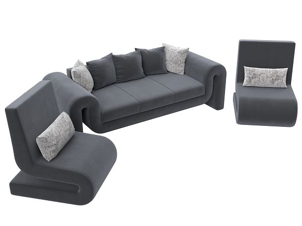 Волна набор 1 - диван, 2 кресла (полностью велюр серый) - Вид 4