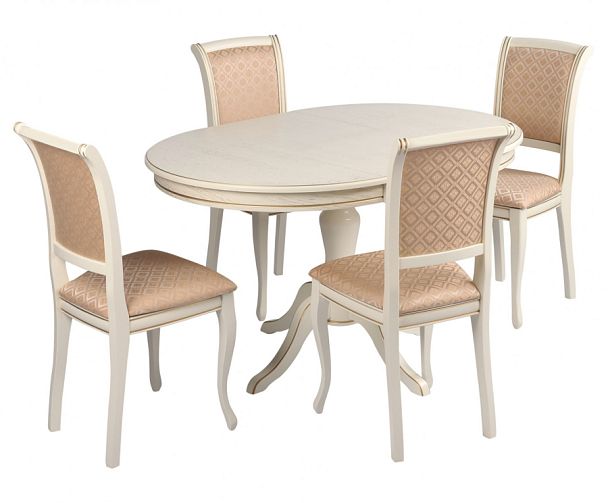 Обеденная группа стол Элат D90(130)х90х76 Слоновая кость с золотой патиной и 4 стула Арктос Слоновая кость с золотой патиной/Бежевый жаккард - Вид 1