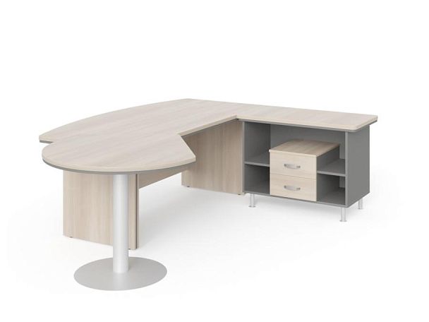БЕРЛИН / BERLIN Стол руководителя R угловой с брифингом и тумбой 2 ящика 2550х2000х760 Акация/Серый - Вид 1