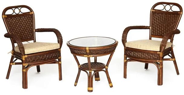 Комплект террасный Андреа/Andrea (стол кофейный со стеклом + 2 кресла + подушки), ротанг, Pecan Washed (античн. орех) - Вид 1