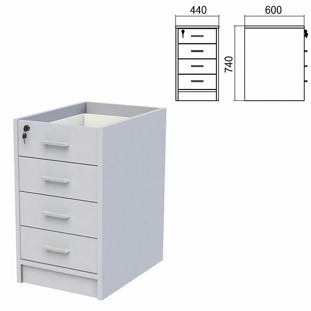 Тумба (каркас БЕЗ КРЫШКИ) приставная "Арго", 440х600х740 мм, 4 ящика, замок, серый - Вид 2