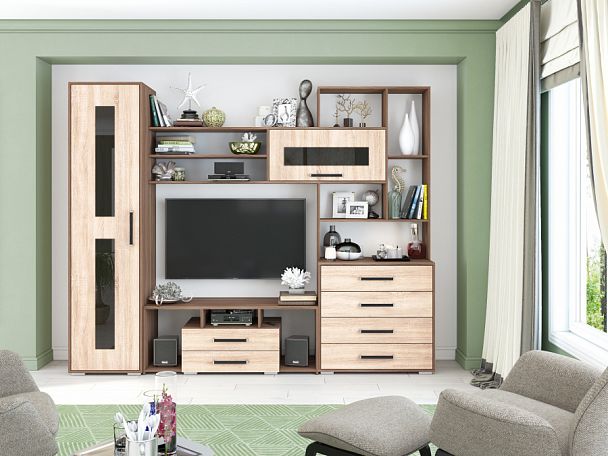 Гостиная Оскар-6 (2000х2500х450) СНЯТО С ПРО-ВА ясень шимо/дуб сонома - Вид 1