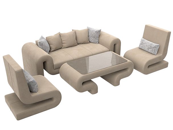 Волна набор 2 - диван, стол, 2 кресла (полностью велюр бежевый) - Вид 4