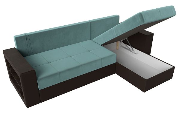 Диван угловой Дубай Лайт угол правый (основа велюр бирюзовый, компаньон экокожа коричневая) - Вид 7