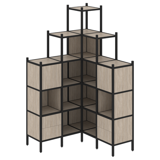 Loft Угловой внутренний стеллаж наборный VR.L-45 Дуб аттик/Чёрный металл 1278*1278*2280 - Вид 1