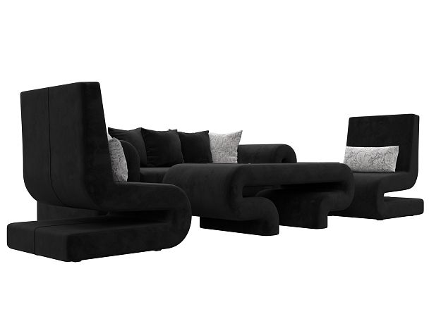 Волна набор 2 - диван, стол, 2 кресла (полностью велюр черный) - Вид 3