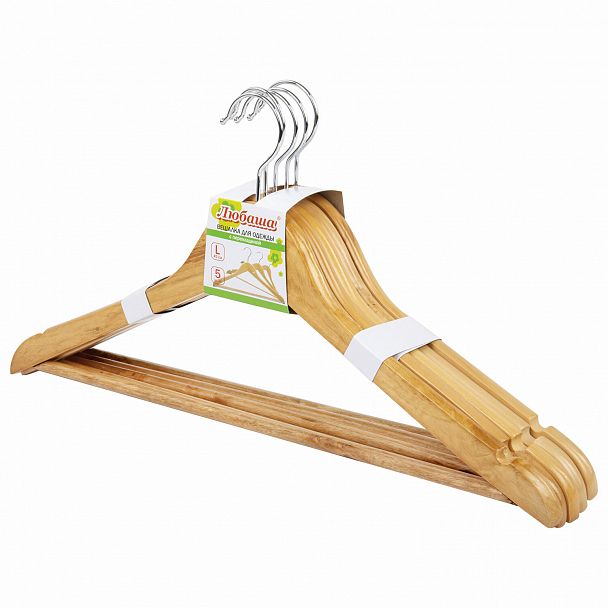 Вешалки-плечики, размер 48-50, КОМПЛЕКТ 5 шт., деревянная, перекладина, цвет сосна, ЛЮБАША Эконом, 604895 - Вид 2