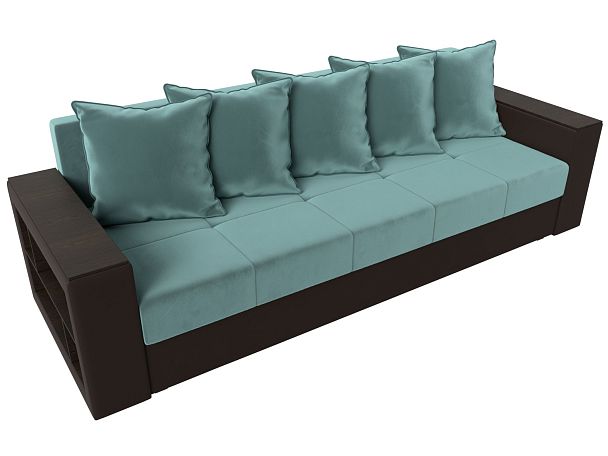 Диван прямой Дубай Лайт полки слева (основа Велюр Бирюзовый, компаньон экокожа коричневая) - Вид 5