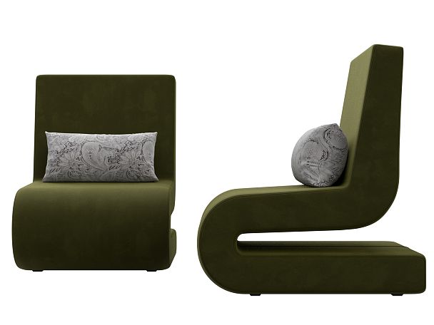 Кресло Волна (полностью микровельвет зеленый, подушки велюр серый с узором) - Вид 2