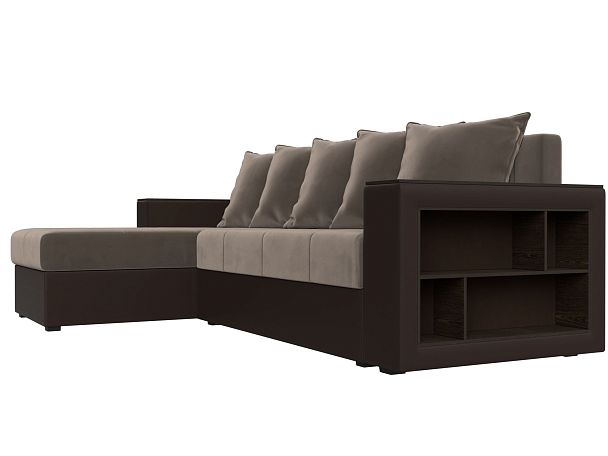 Диван угловой Дубай Лайт угол левый (основа велюр коричневый, компаньон экокожа коричневая) - Вид 3