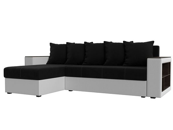 Диван угловой Дубай Лайт угол левый (основа микровельвет черный, компаньон экокожа белая) - Вид 1