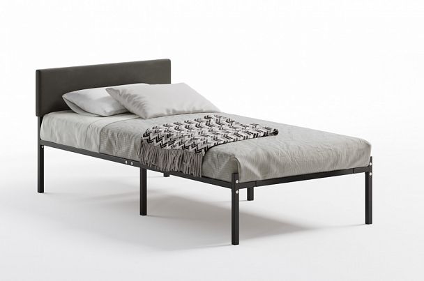 Кровать  металлическая Лофт КОМПАКТ с мягкой спинкой 1200*2000, цвет кровати черный, мягкая спинка темная - Вид 1
