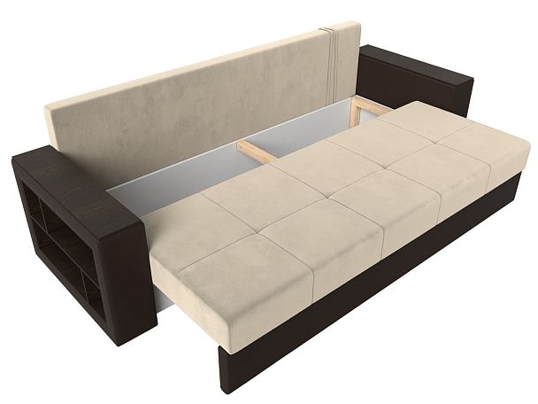 Диван прямой Дубай Лайт полки слева (основа микровельвет бежевый, компаньон экокожа коричневая) - Вид 7