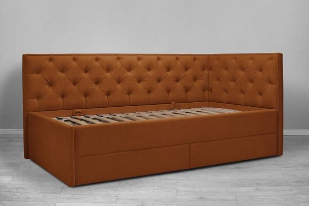 Кровать «Порше», каретная стяжка с доп. спальным местом, оранжевая - Вид 1