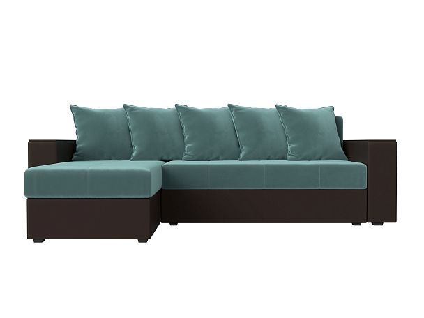 Диван угловой Дубай Лайт угол левый (основа велюр бирюзовый, компаньон экокожа коричневая) - Вид 2