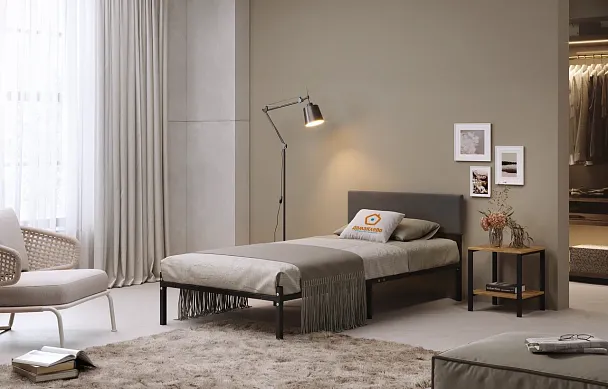 Кровать металлическая Лофт КОМПАКТ с мягкой спинкой 900*2000, цвет кровати серый, мягкая спинка темная - Вид 2
